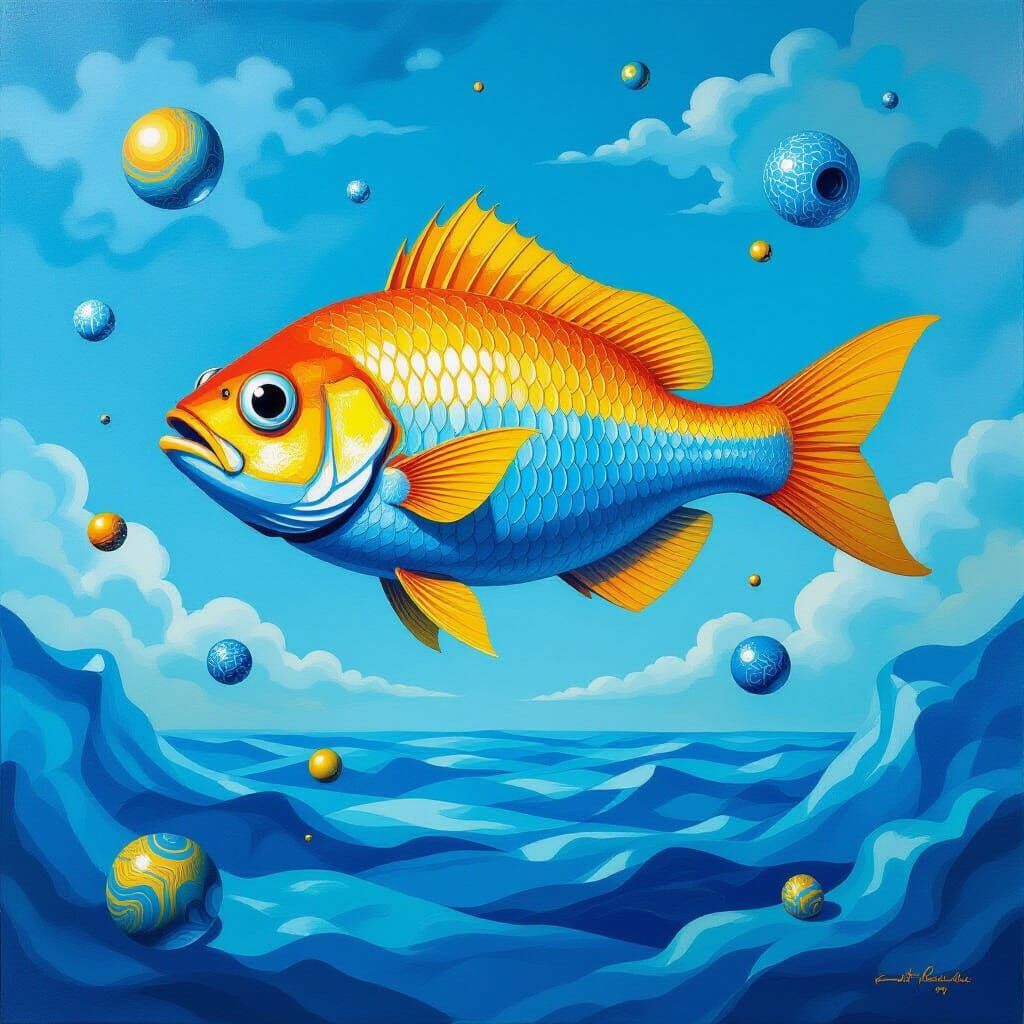 Surreal Sapphire Landscape with Floating Fish in Impasto Sty...