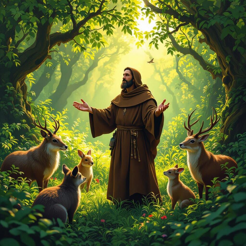 Saint Francis in Forest with Animals, Digital Art