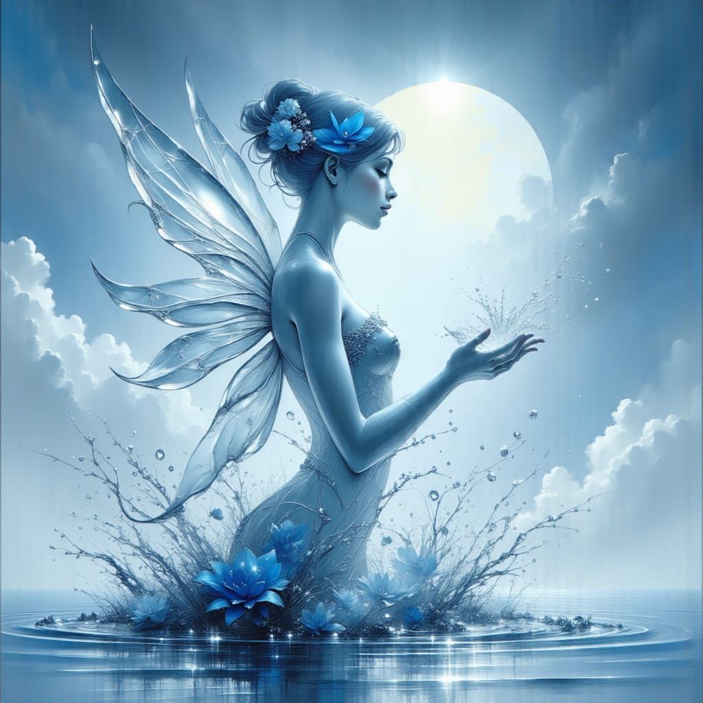 Ethereal Glass Fairy Sculpture Beside Water Fountain