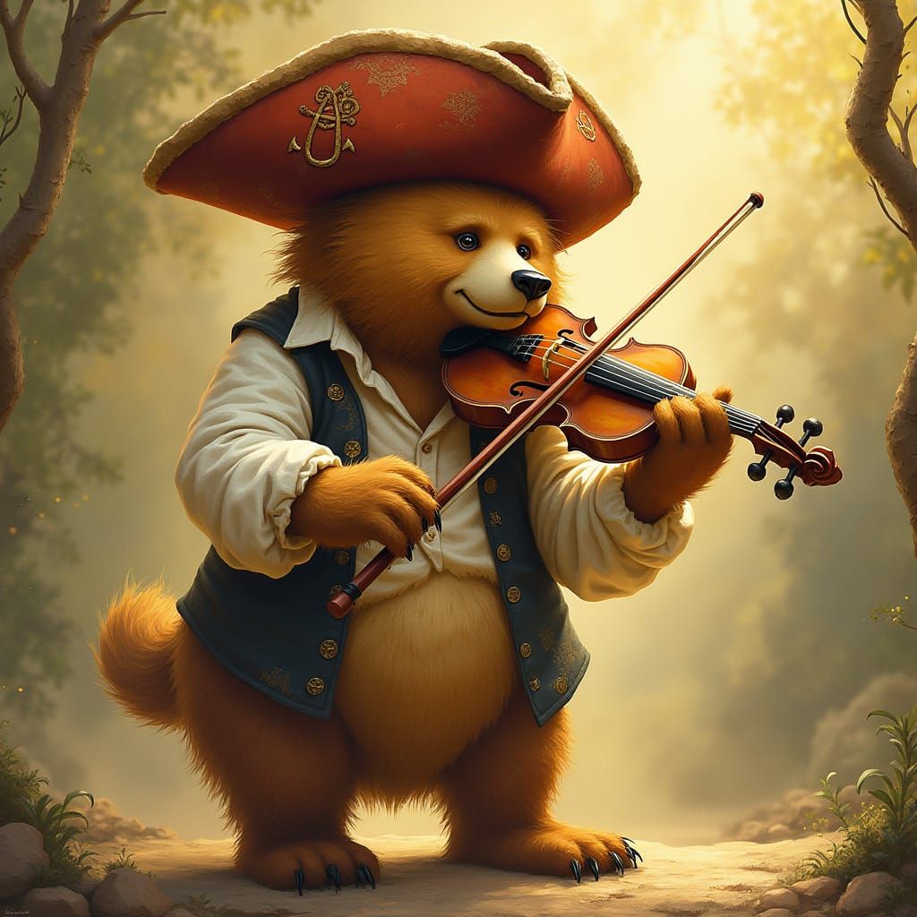 Charismatic Bear in Pirate Hat Plays Violin
