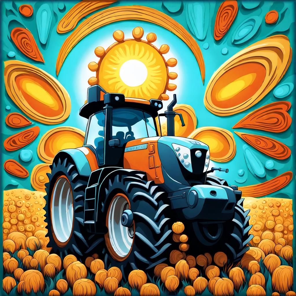 Happy Combine Harvester Cartoon in Psychedelic Pop Art