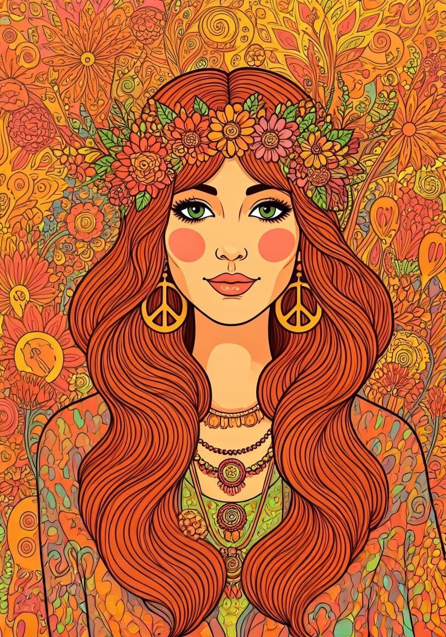 Psychedelic Hippie Woman with Floral Hair in Pop Art