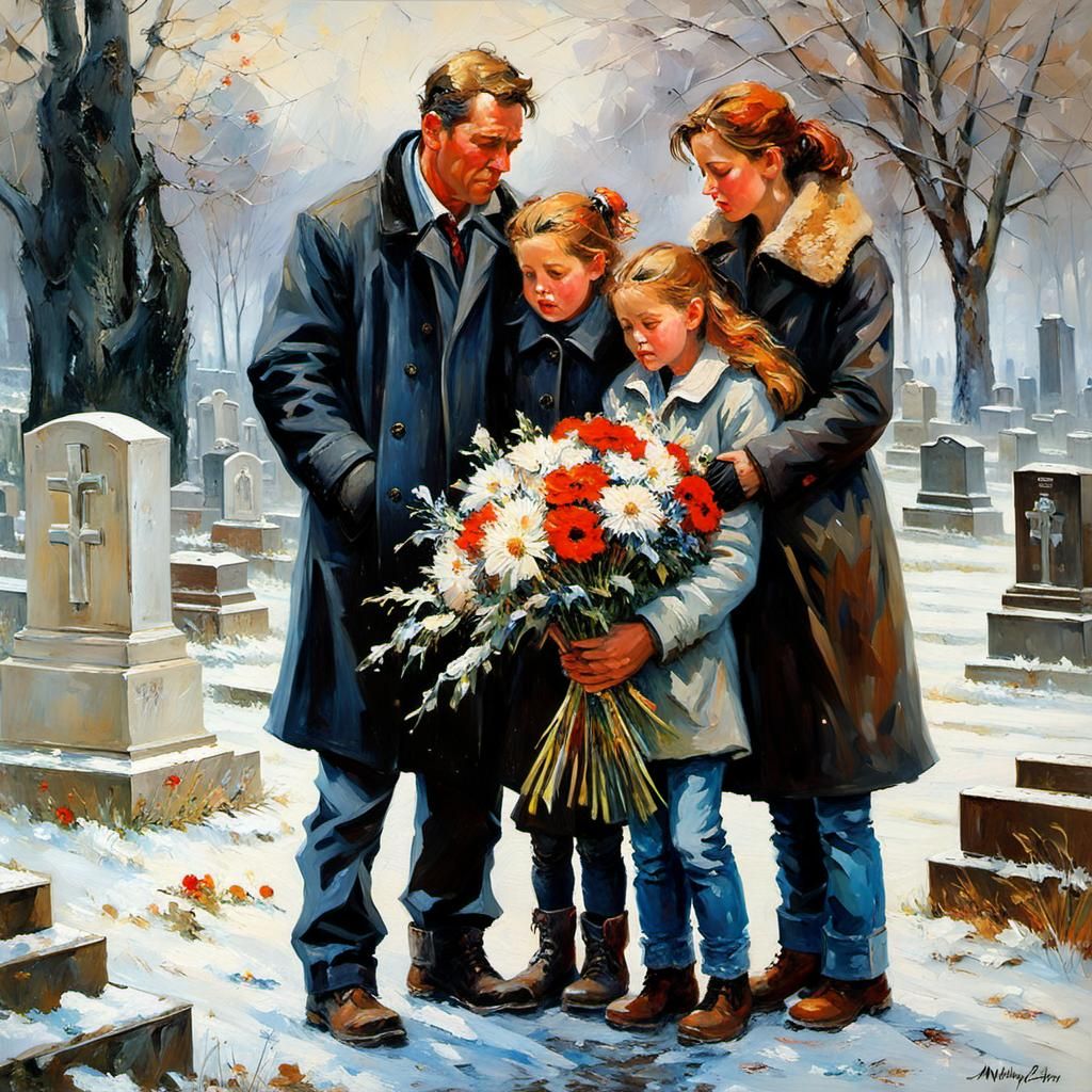 Grieving Family at Cemetery as Impressionistic Oil Painting