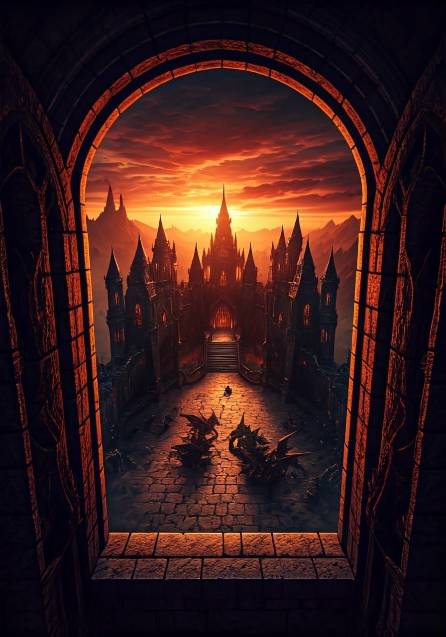 Dark Fantasy Castle at Dusk in Hyperdetailed Bird's Eye View