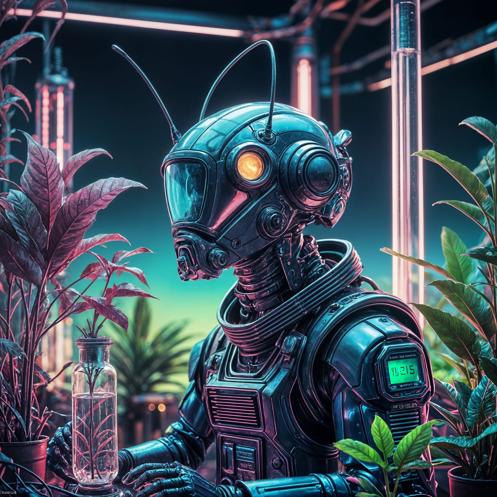 Synthwave Grasshopper Scientist Inspecting Plant Automation