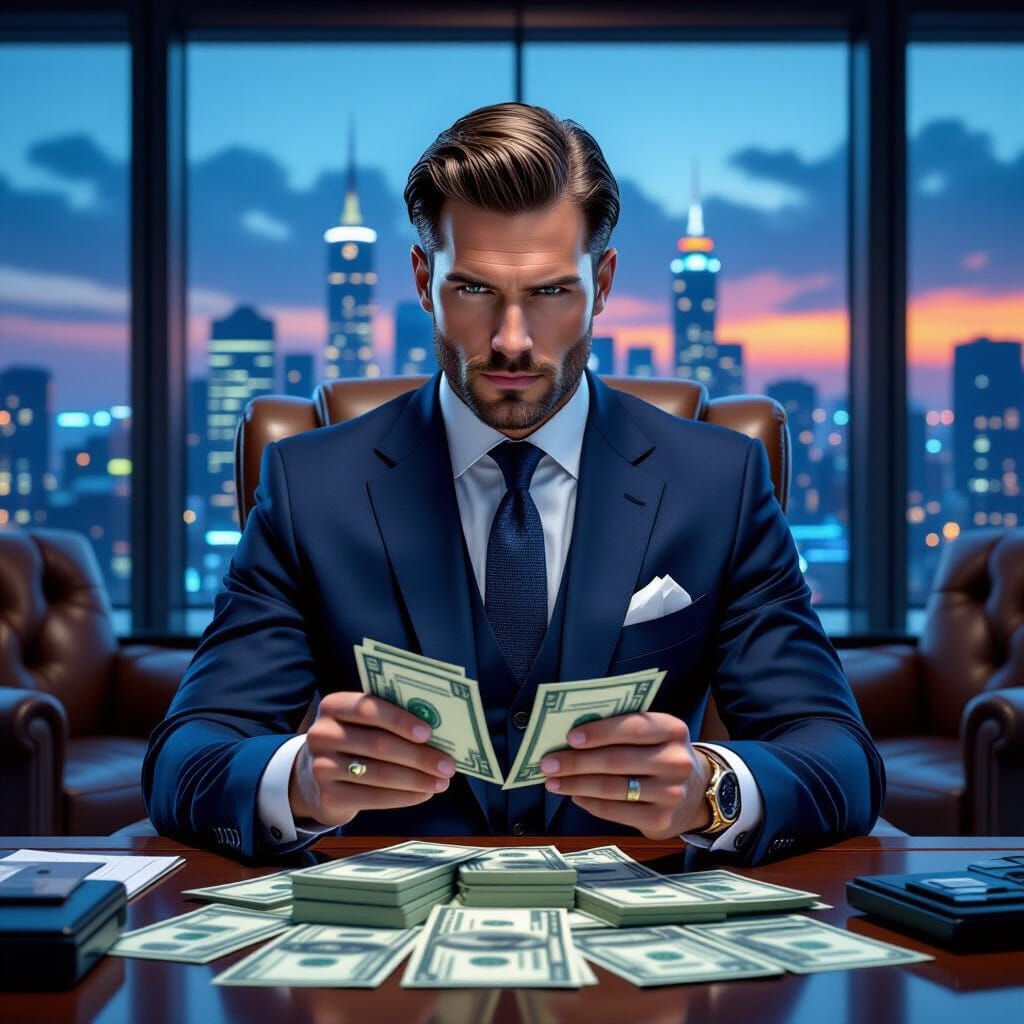 Confident Businessman Handling Finances in Neon Dystopian St...