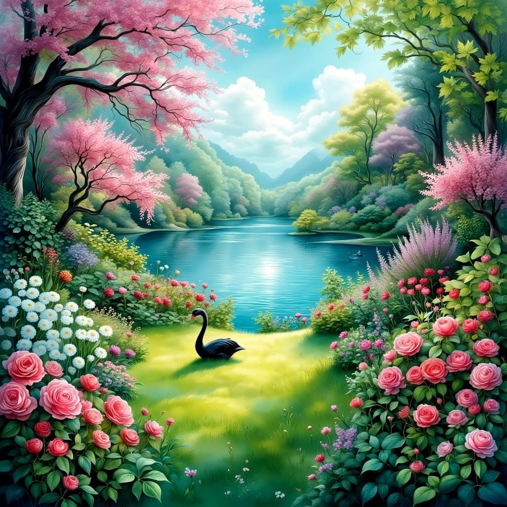 Lush Lawn and Lake with Swans: Splash Art
