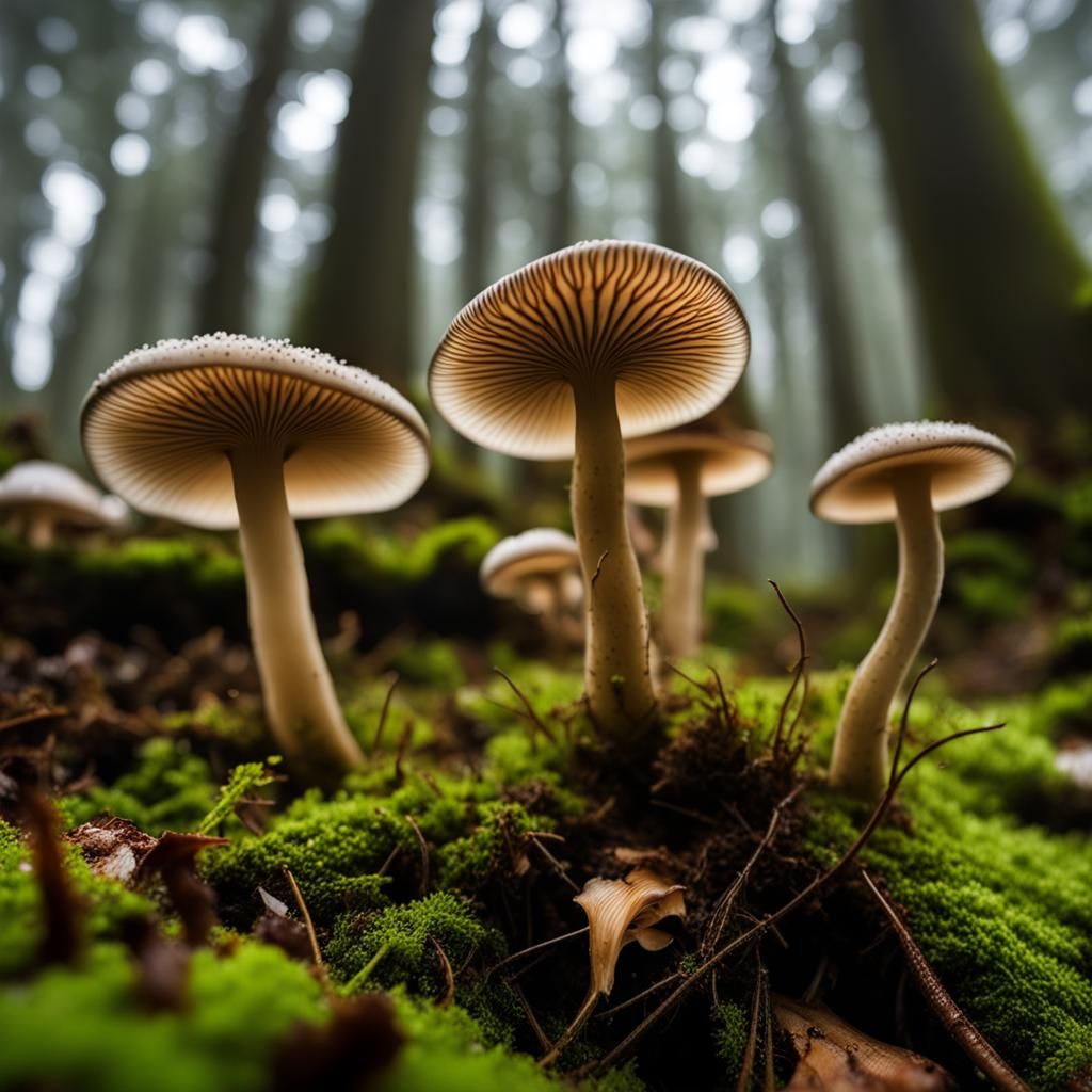 Macro Worm's-Eye View of Mushrooms on Forest Floor