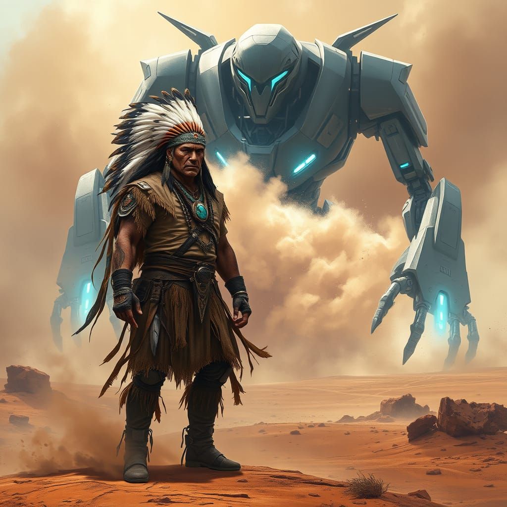 Native American Warrior Confronts Futuristic Robot in Epic C...