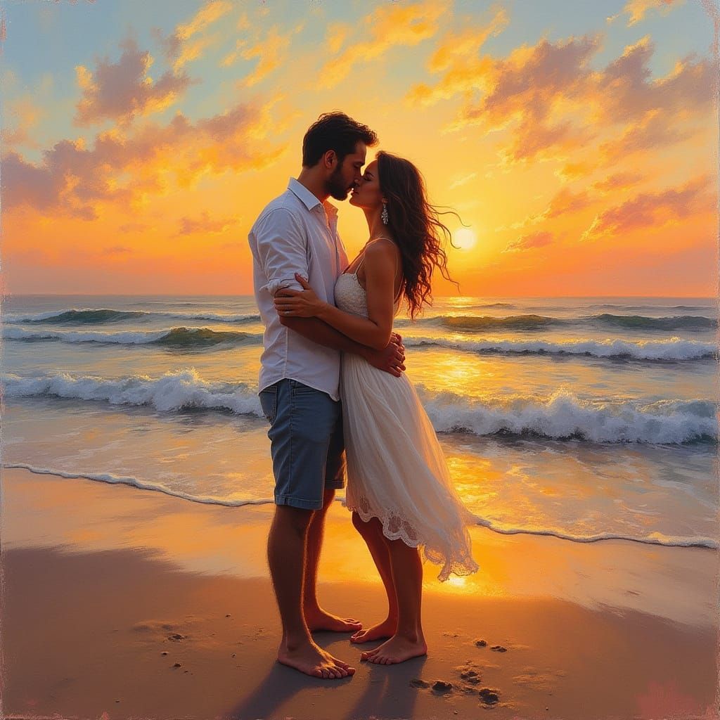 Couple Embracing on a Sunset Beach