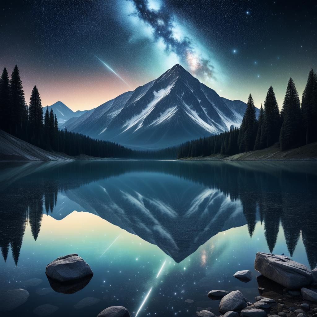 Mountain Lake Reflects Distant Starlight