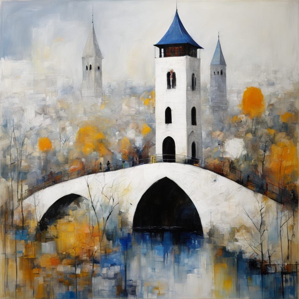 Pilgrims Cross Arched Bridge in Textured Encaustic Painting