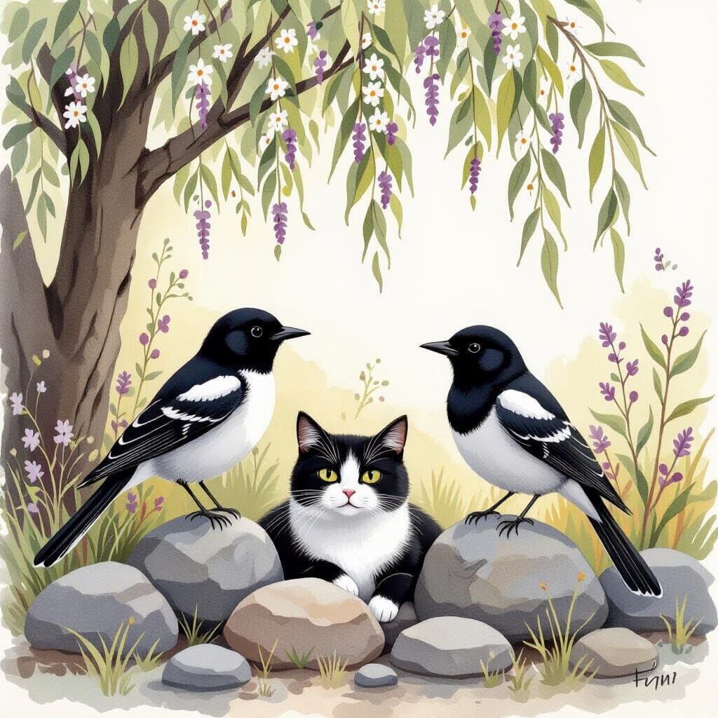 Willie Wagtails, Magpies, and a Tuxedo Cat, in Watercolor St...