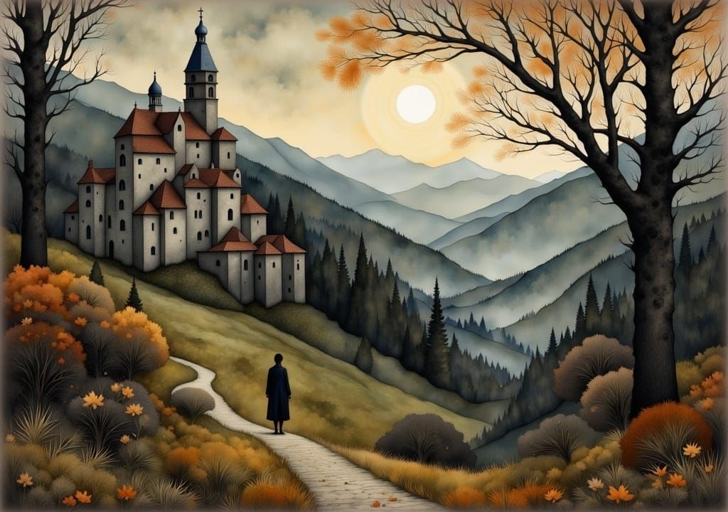 Italian Monastery in Autumn: Art Nouveau Style