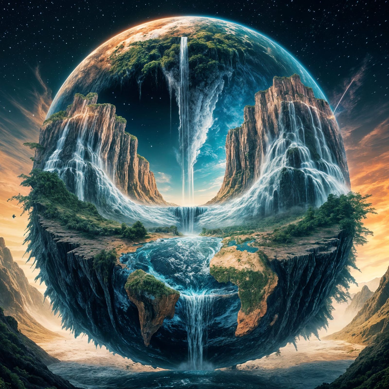 Anthropomorphic Earth with Waterfalls in Vaporwave Style