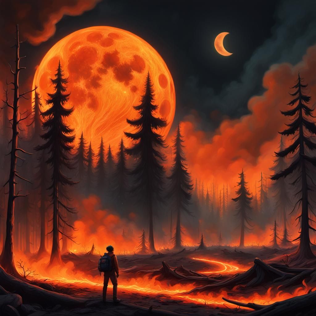 Black Moon Rises Over Ancient Forest Wildfire