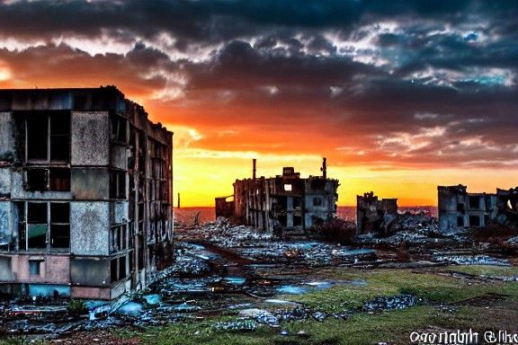 Post-Apocalyptic Sunset Over Decaying Ruins