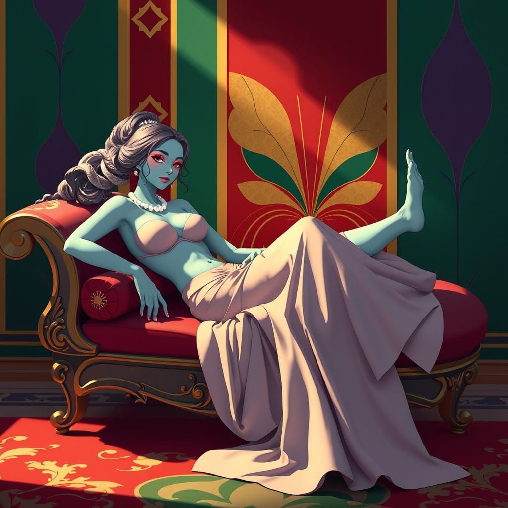 Elegant Blue-Green Goddess Reclines in Opulent Art Deco Sett...