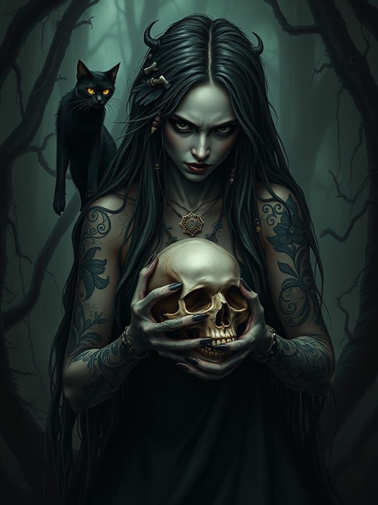 Angry Forest Witch with Cat and Skull