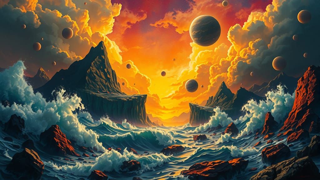 Elemental Clash: Surreal Sea, Sky, and Earth Landscape