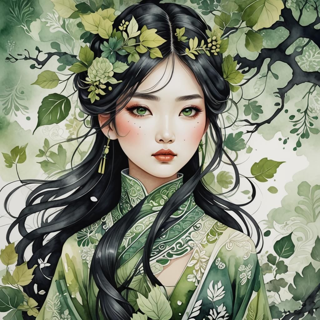 Chinese Girl Portrait in Watercolour Style