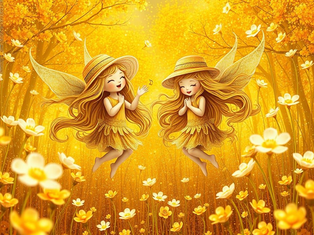 Golden Fairies Dancing in Vibrant Dreamlike Meadow