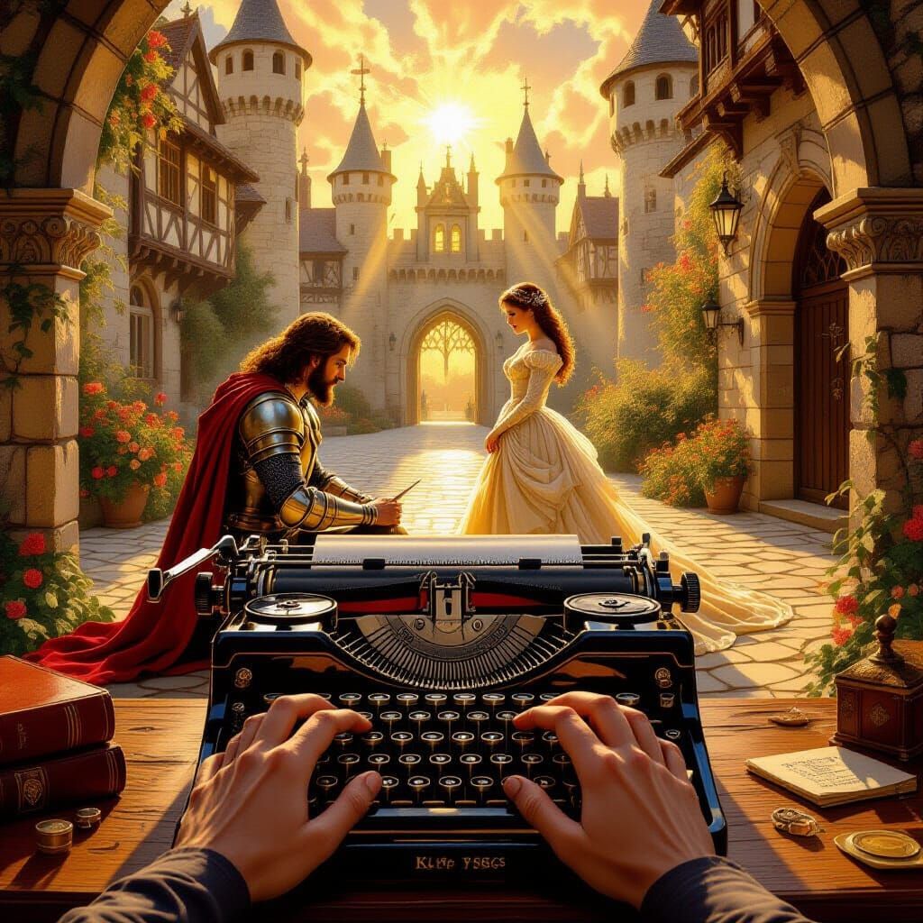 Author's Hands Type Epic Romance Scene in Oil Painting