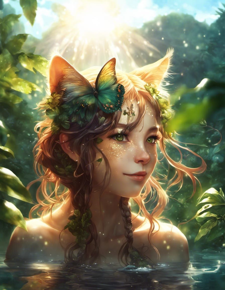 Beautiful Cat Girl in Rainforest Bath, Anime Art