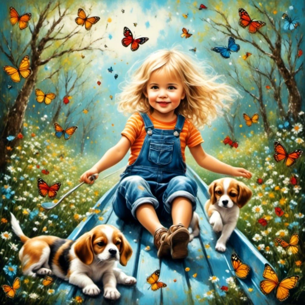 Whimsical Oil Painting: Girl, Puppy, and Butterfly Slide