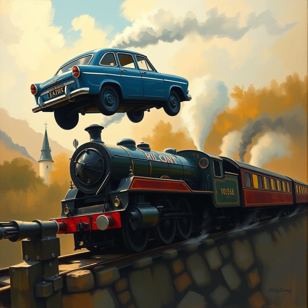 Blue Ford Anglia 105E 'Flying Car'  flying Above  the Hogwar...