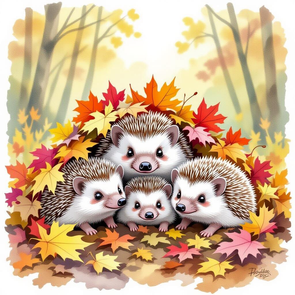Whimsical Watercolor Hedgehogs Among Autumn Leaves