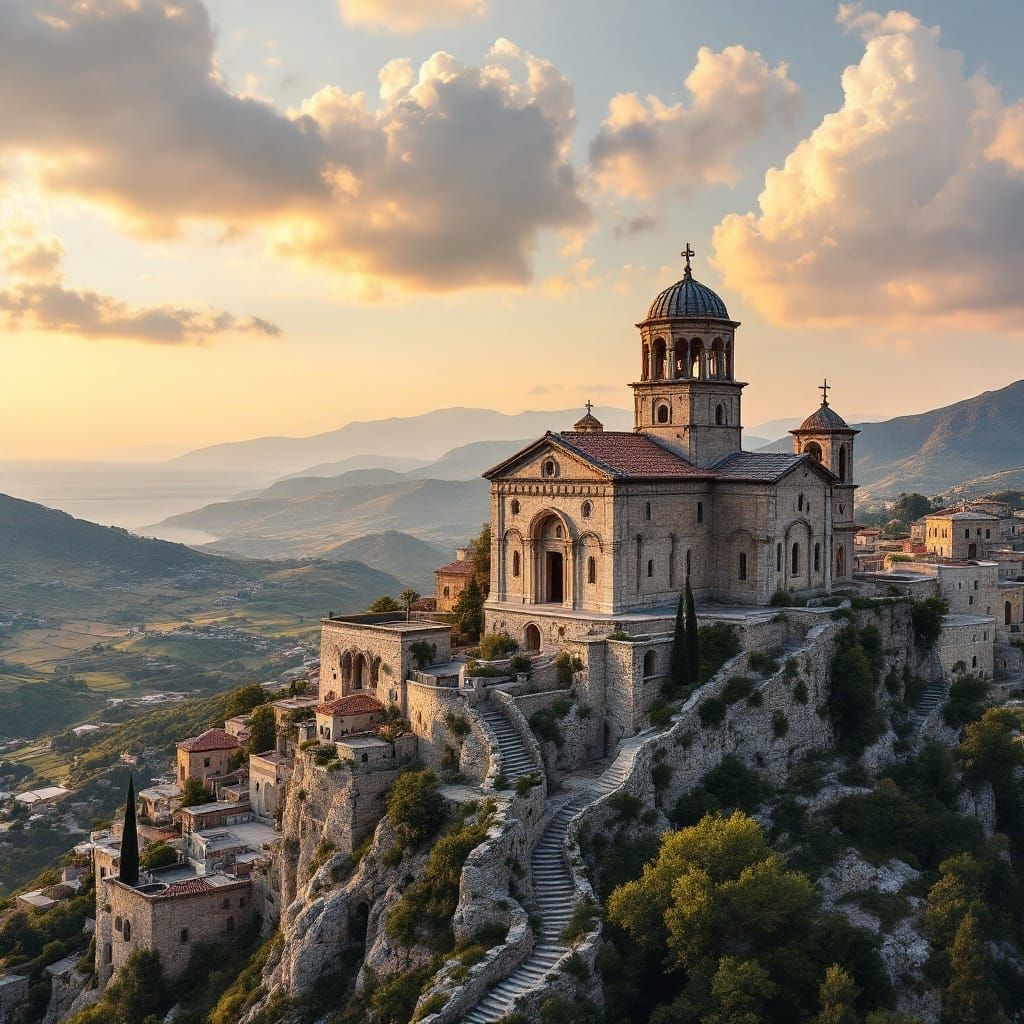 Ethereal Byzantine Church Amidst Lush Greek Countryside