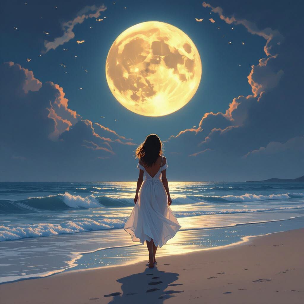 Girl on Beach Under Full Moon