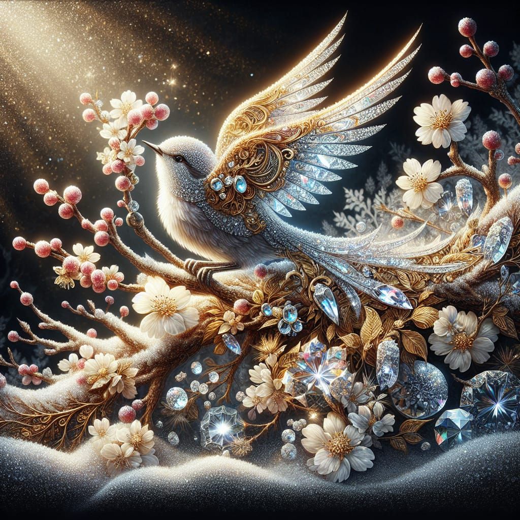 Crystal Bird with Gold Etchings and Diamonds