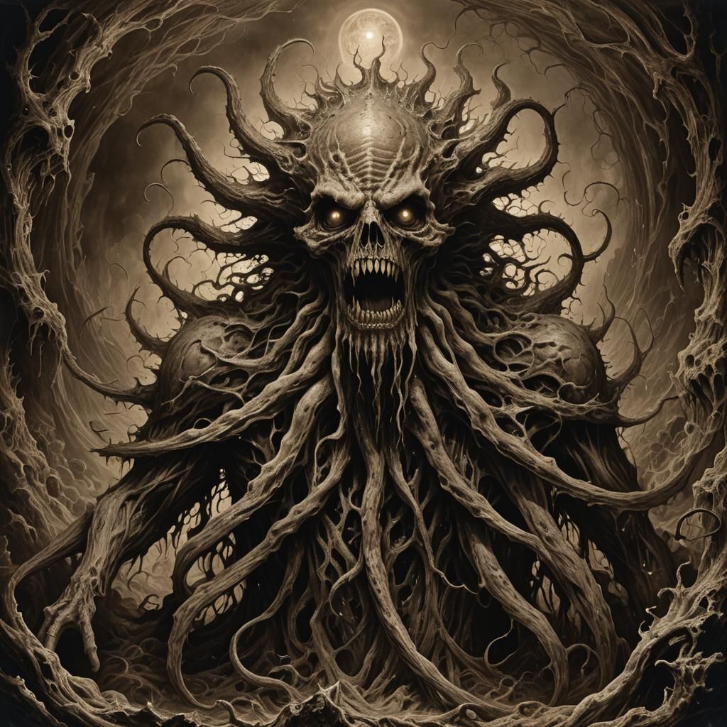 Lovecraftian Horror: Sepia Photograph of Grotesque Transform...