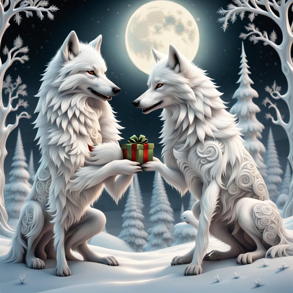 wolves joyfully exchanging gifts on Christmas Eve