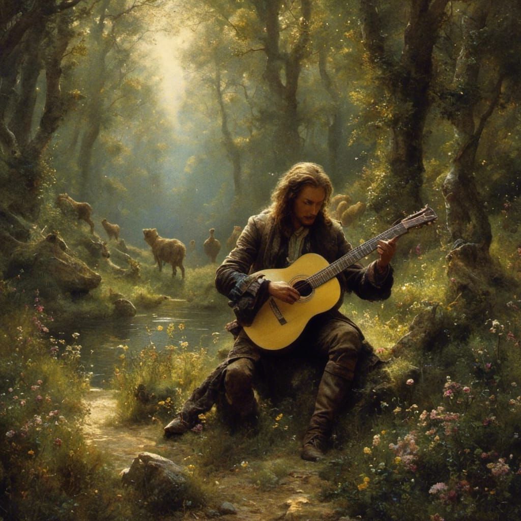 Fantasy Guitarist in Enchanted Forest