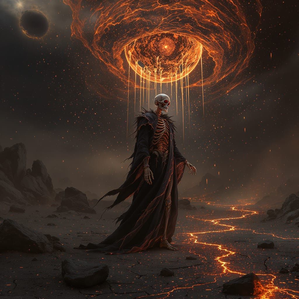 Skeletal Figure Rises Beneath Apocalyptic Sky