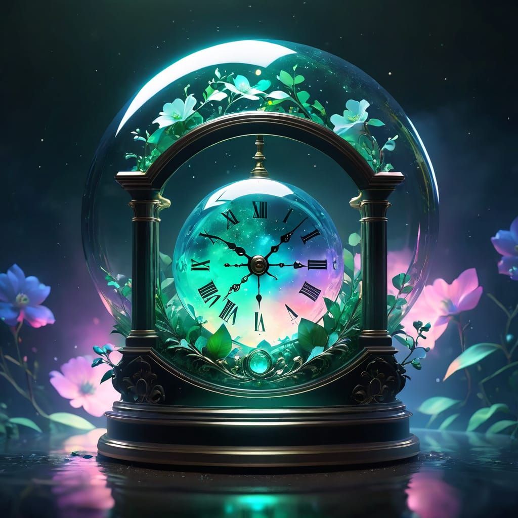 Cosmic Clock Over Orb in Watercolor Style