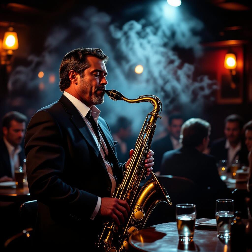 Passionate Jazz Saxophonist in Smoky Club