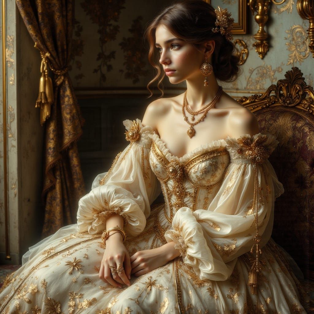 18th Century Woman in Ornate Cream Dress, Art Nouveau Punk S...