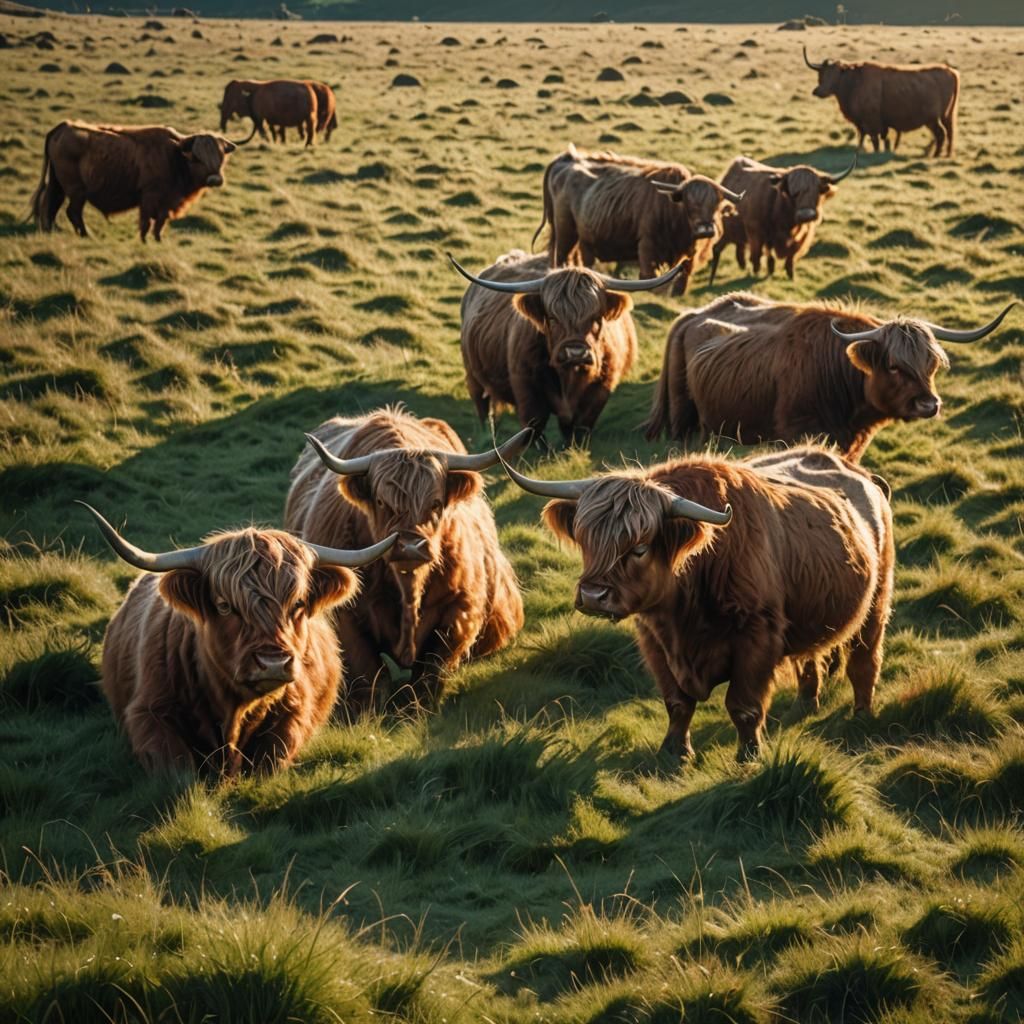 Highland Cows Grazing in a Lush Field