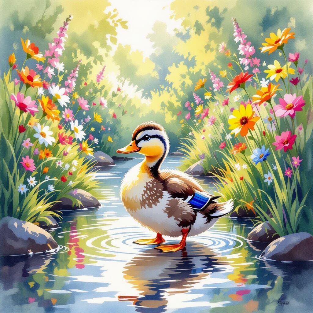 Playful Duckling in Watercolour River Garden