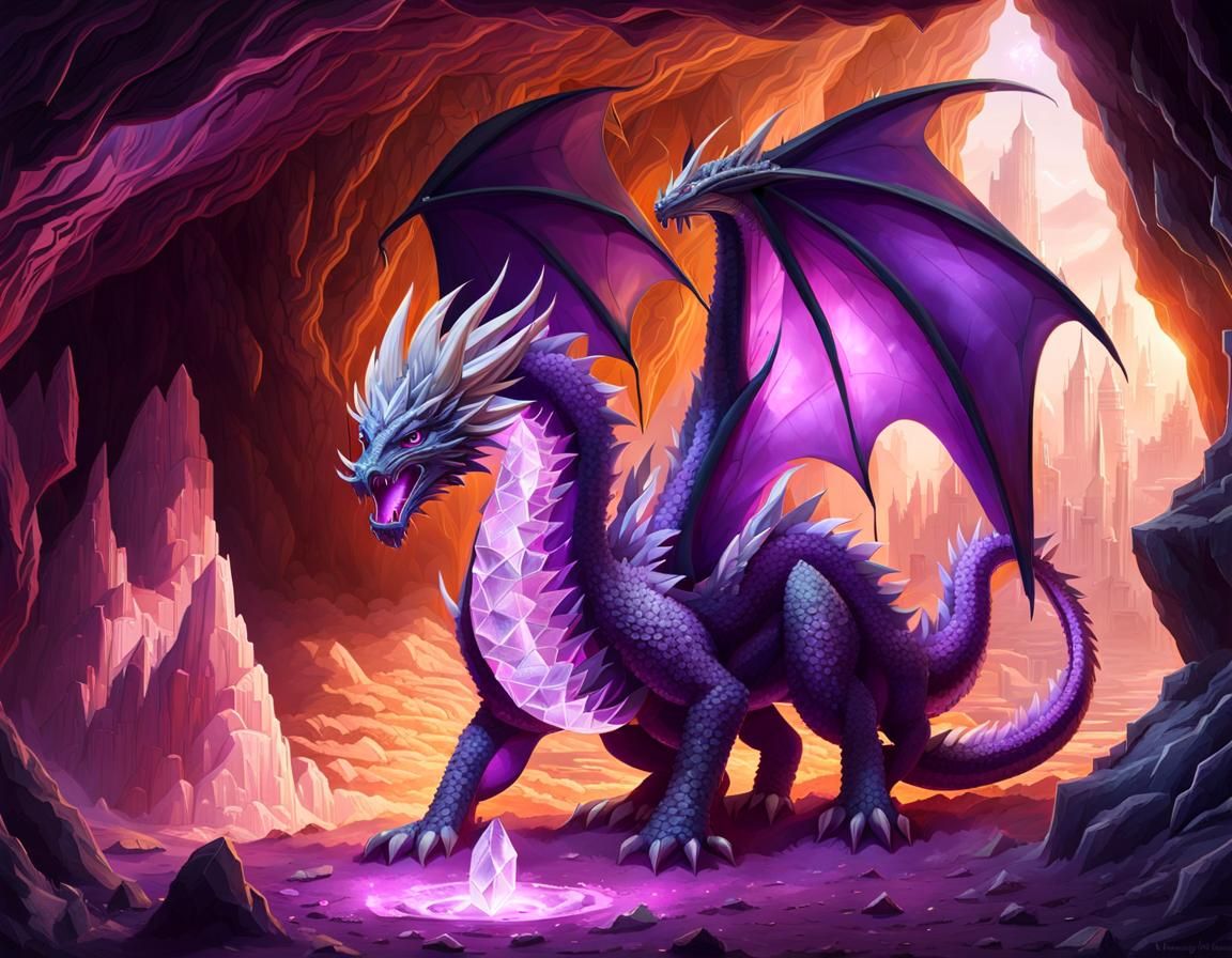 Amethyst Dragon in Crystalline Cavern: Fantasy Art