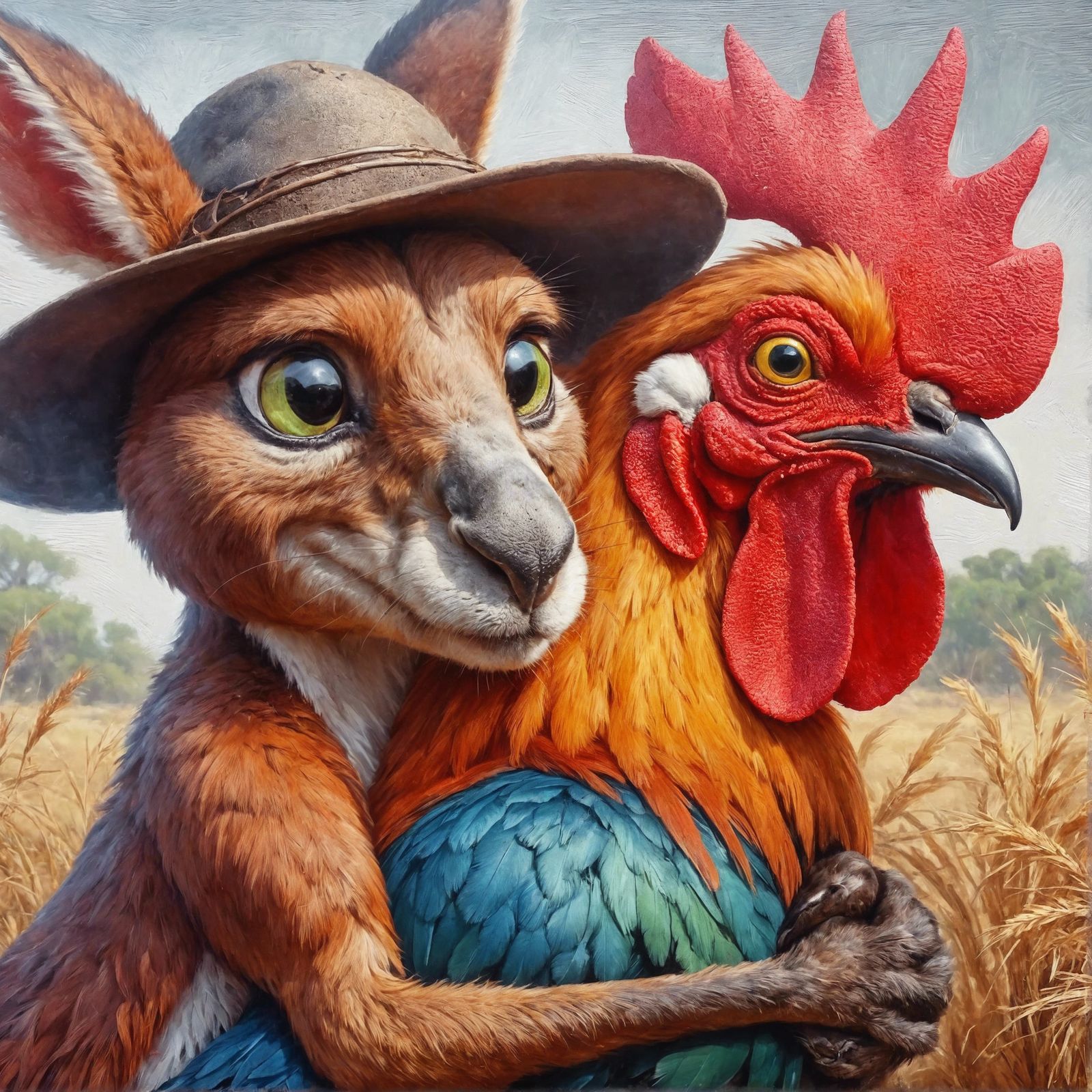 Animated Kangaroo Hugging Rooster Oil Painting