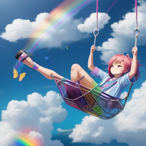 Mother and Daughter Swing in Rainbow Cloud Dreamscape