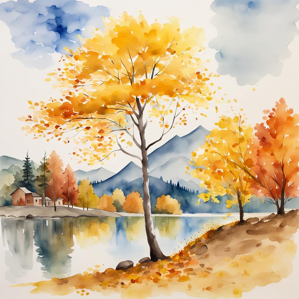 Watercolor Autumn Landscape with Golden Tree