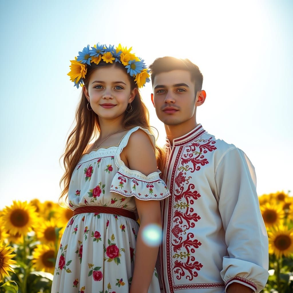 Ukrainian Couple in Sunflower Field, Hyper-Realistic Portrai...