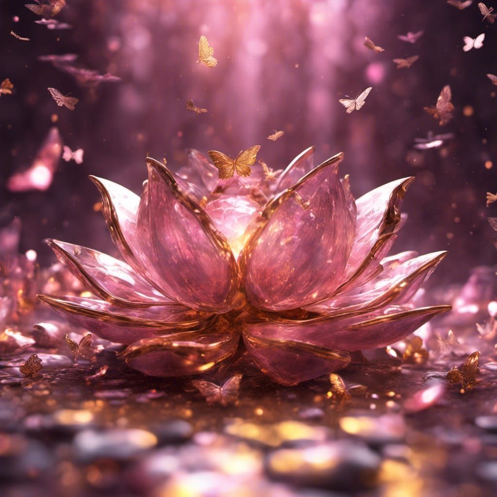 Broken Glass Lotus Figurine with Golden Butterflies