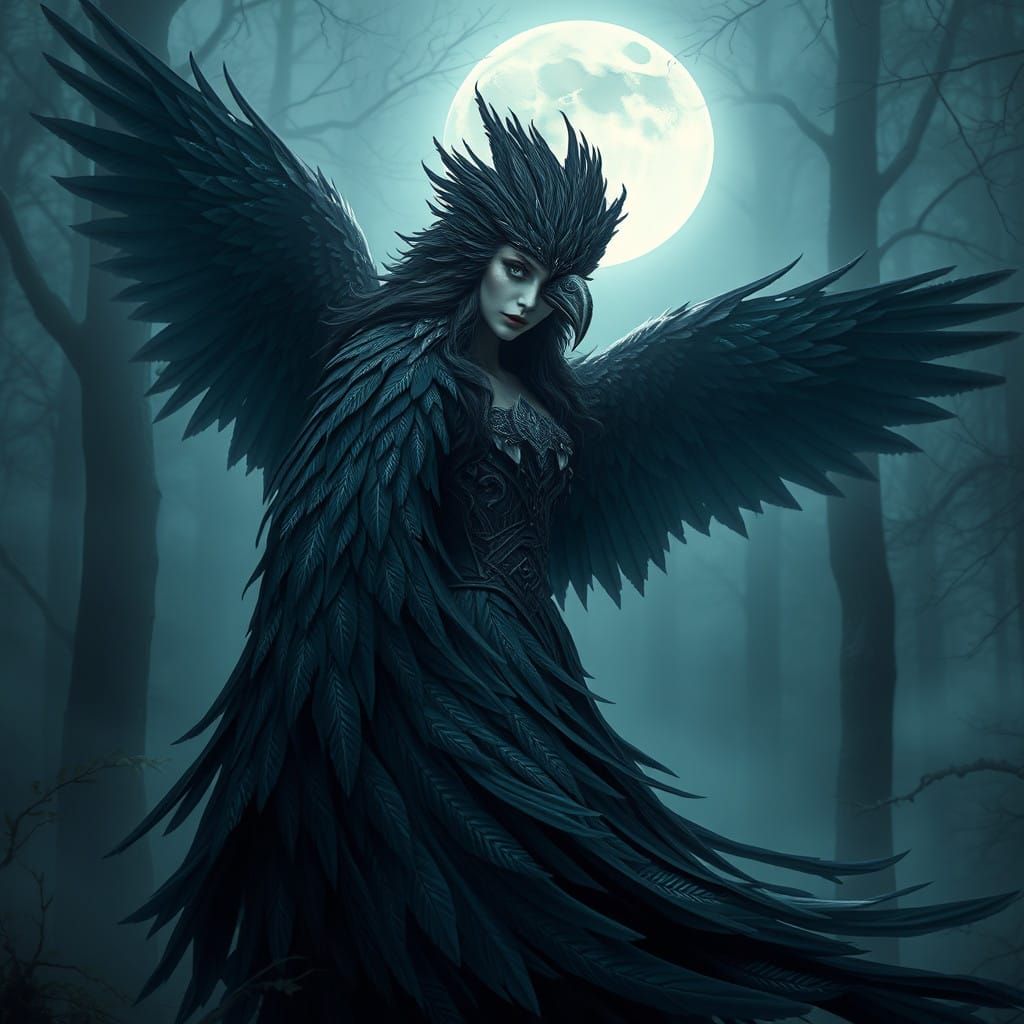 Mystical Raven Woman in Moonlit Forest
